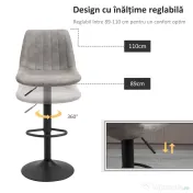 HOMCOM Set de 2 scaune de bar in stil industrial cu spatar din microfibra, suport pentru picioare si inaltime reglabila gri 