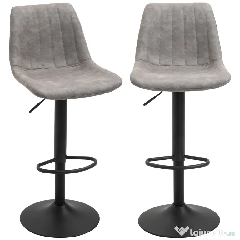 Set de 2 scaune de bar HOMCOM, stil industrial, spatar din microfibra, inaltime reglabila gri | Aosom Romania