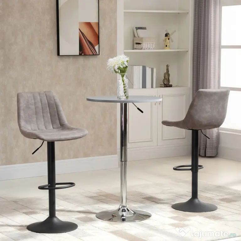 Set de 2 scaune de bar HOMCOM, stil industrial, spatar din microfibra, inaltime reglabila gri | Aosom Romania