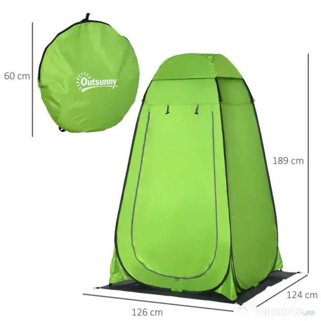 Cort de Dus Outsunny pentru Exterior cu Usa cu Fermoar, Geanta pentru Transport, 126x124x189cm, Verde | Aosom Romania