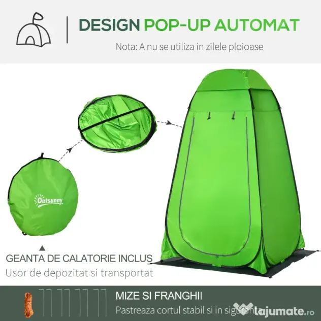 Cort de Dus Outsunny pentru Exterior cu Usa cu Fermoar, Geanta pentru Transport, 126x124x189cm, Verde | Aosom Romania