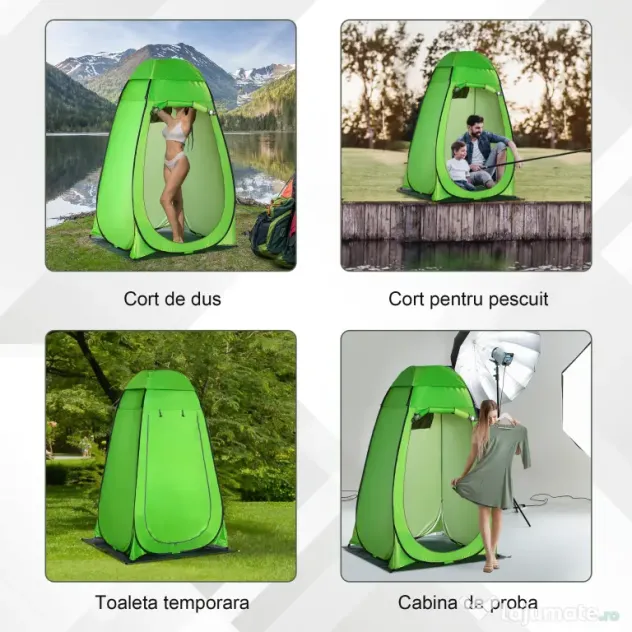 Cort de Dus Outsunny pentru Exterior cu Usa cu Fermoar, Geanta pentru Transport, 126x124x189cm, Verde | Aosom Romania