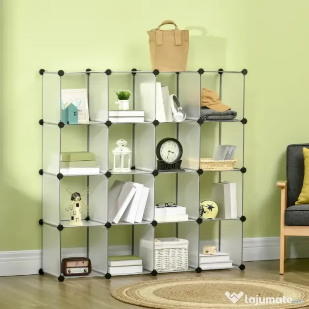 HOMCOM Mobilier Modular pentru Încălțăminte, 16 Cuburi Transparente din Plastic PP și Oțel, 30x30x30cm, Design Versatil | Aosom Romania