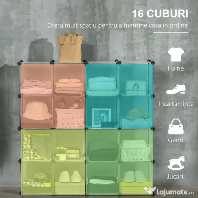 HOMCOM Mobilier Modular pentru Încălțăminte, 16 Cuburi Transparente din Plastic PP și Oțel, 30x30x30cm, Design Versatil | Aosom Romania