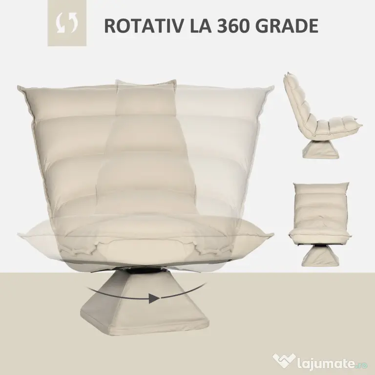 Fotoliu Relax din material capitonat cu pivotare la 360°, fotoliu rabatabil pe 3 nivele cu cadru din otel 62x62x95cm, bej HOMCOM | Aosom Romania