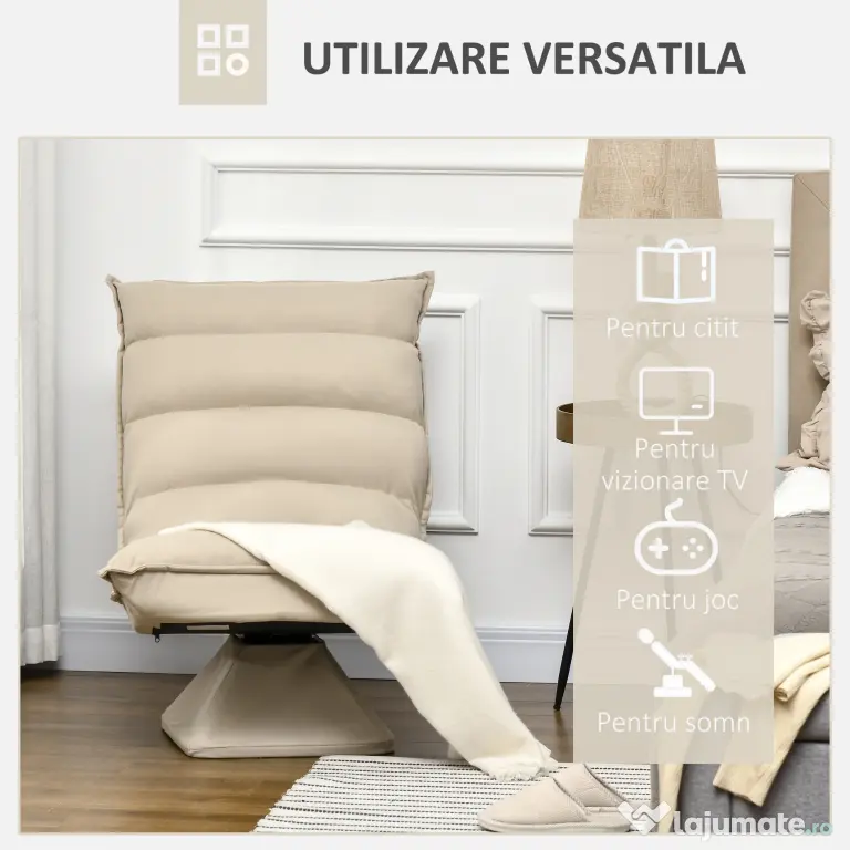 Fotoliu Relax din material capitonat cu pivotare la 360°, fotoliu rabatabil pe 3 nivele cu cadru din otel 62x62x95cm, bej HOMCOM | Aosom Romania