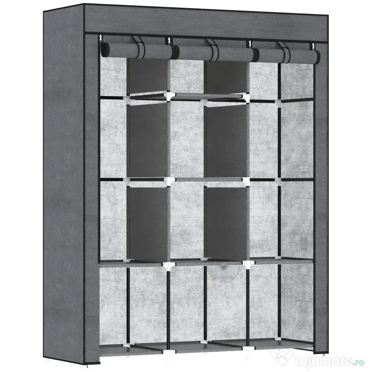 HOMCOM Dulap din Material Textil cu Bază Înălțată, 8 Rafturi și 2 Bare, 125x43x162.5 cm, Gri Închis | Aosom Romania