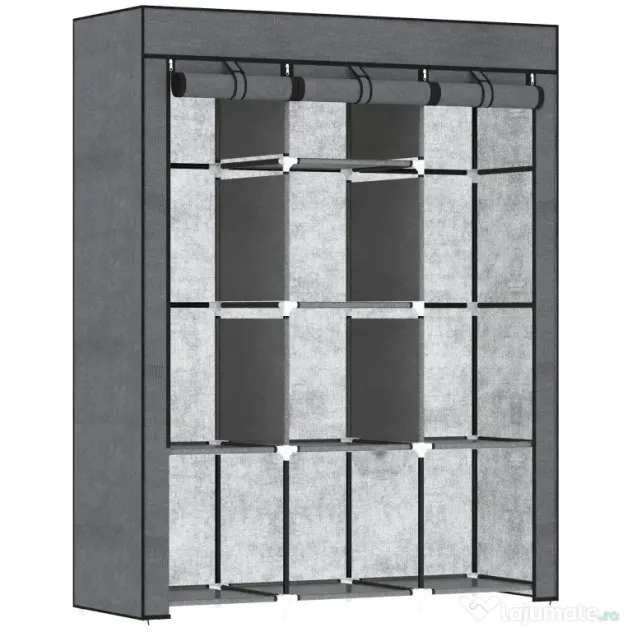 HOMCOM Dulap din Material Textil cu Bază Înălțată, 8 Rafturi și 2 Bare, 125x43x162.5 cm, Gri Închis | Aosom Romania