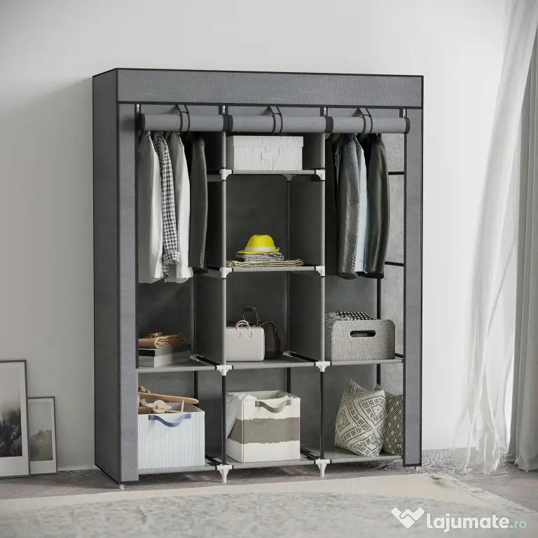 HOMCOM Dulap din Material Textil cu Bază Înălțată, 8 Rafturi și 2 Bare, 125x43x162.5 cm, Gri Închis | Aosom Romania