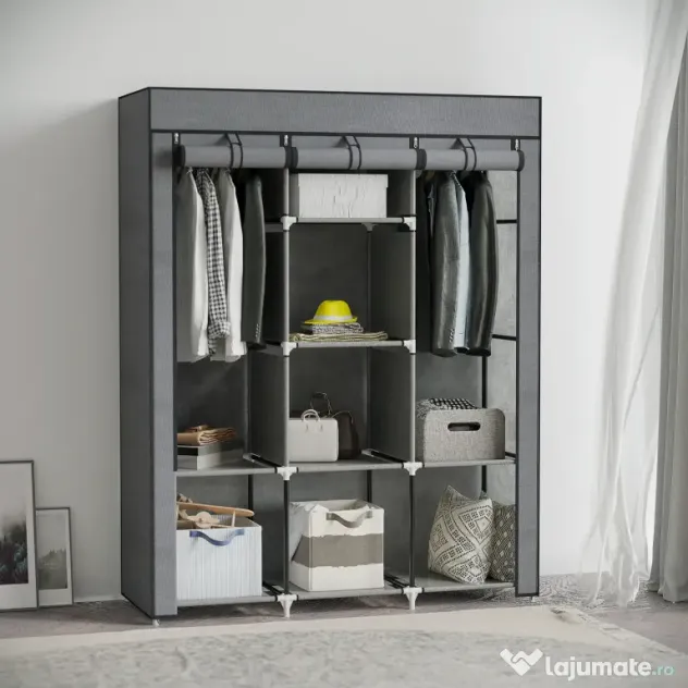 HOMCOM Dulap din Material Textil cu Bază Înălțată, 8 Rafturi și 2 Bare, 125x43x162.5 cm, Gri Închis | Aosom Romania