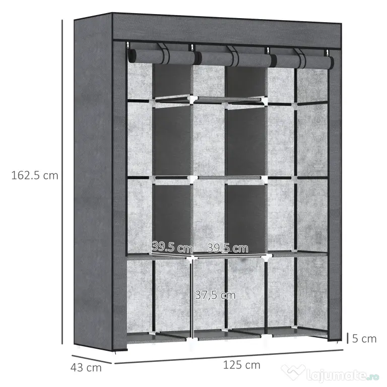 HOMCOM Dulap din Material Textil cu Bază Înălțată, 8 Rafturi și 2 Bare, 125x43x162.5 cm, Gri Închis | Aosom Romania