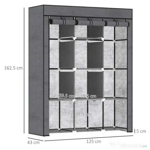 HOMCOM Dulap din Material Textil cu Bază Înălțată, 8 Rafturi și 2 Bare, 125x43x162.5 cm, Gri Închis | Aosom Romania