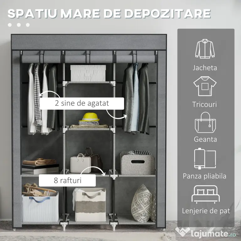 HOMCOM Dulap din Material Textil cu Bază Înălțată, 8 Rafturi și 2 Bare, 125x43x162.5 cm, Gri Închis | Aosom Romania