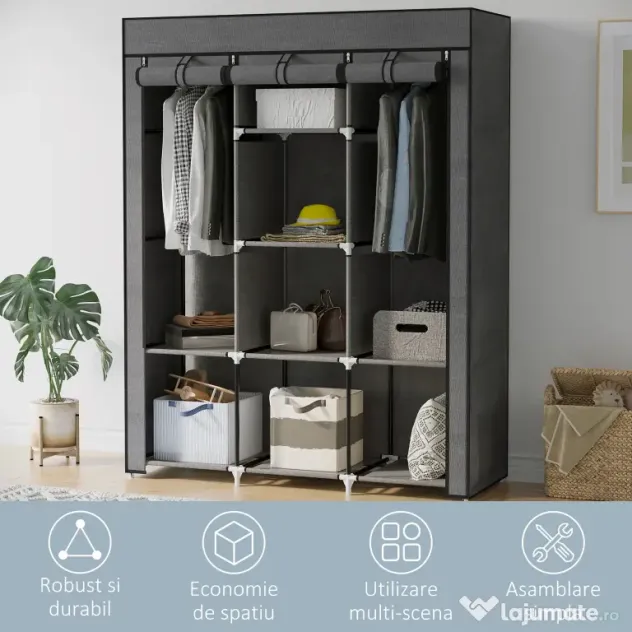HOMCOM Dulap din Material Textil cu Bază Înălțată, 8 Rafturi și 2 Bare, 125x43x162.5 cm, Gri Închis | Aosom Romania