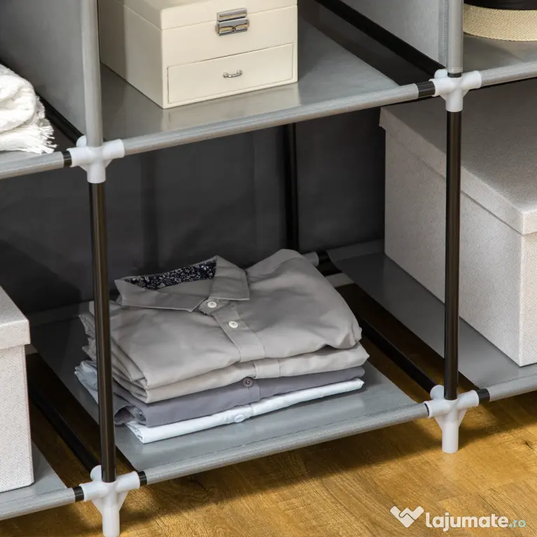 HOMCOM Dulap din Material Textil cu Bază Înălțată, 8 Rafturi și 2 Bare, 125x43x162.5 cm, Gri Închis | Aosom Romania