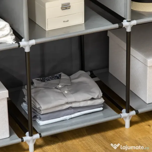 HOMCOM Dulap din Material Textil cu Bază Înălțată, 8 Rafturi și 2 Bare, 125x43x162.5 cm, Gri Închis | Aosom Romania