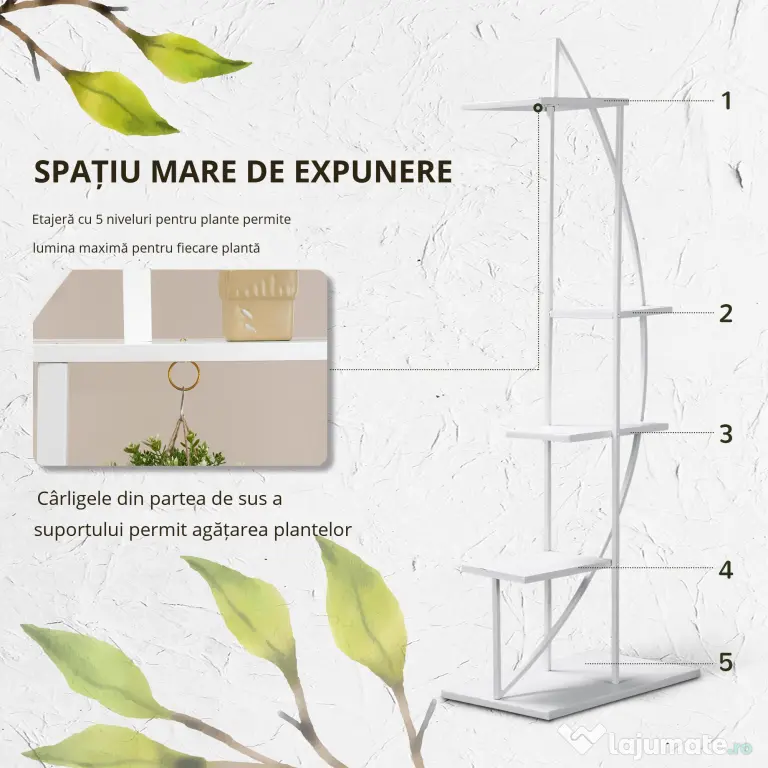 Outsunny Suport pentru Plante cu 5 Niveluri în Formă de Jumătate de Lună pentru Ghivece Decor Interior și Exterior 50x30x160 cm Alb | Aosom Romania