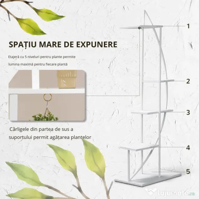Outsunny Suport pentru plante cu 5 niveluri Scara in forma de jumatate de luna Suport pentru ghivece Raft pentru interior, exterior, camera de zi, studiu, balcon si dormitor