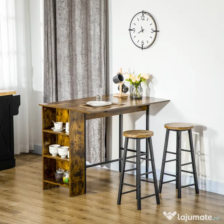 Masa de bar pliabila HOMCOM in stil industrial cu 3 rafturi, din lemn si otel 120x76x91.4cm | Aosom Romania