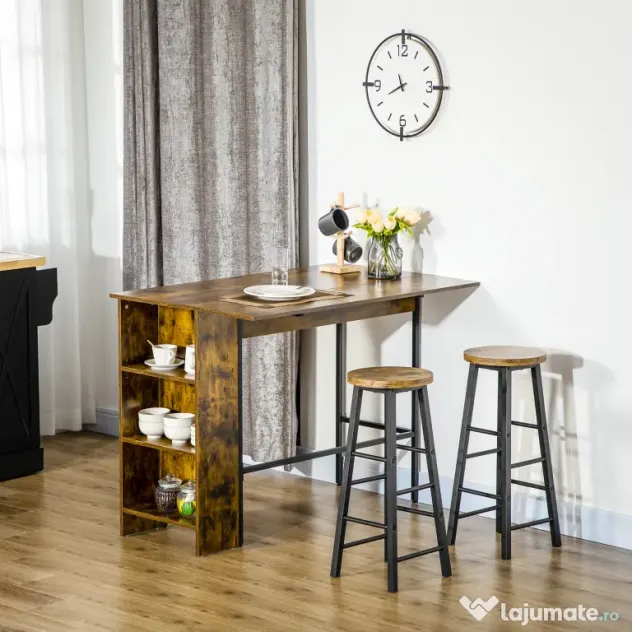 Masa de bar pliabila HOMCOM in stil industrial cu 3 rafturi, din lemn si otel 120x76x91.4cm | Aosom Romania