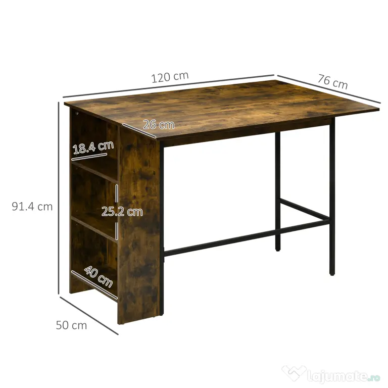 Masa de bar pliabila HOMCOM in stil industrial cu 3 rafturi, din lemn si otel 120x76x91.4cm | Aosom Romania