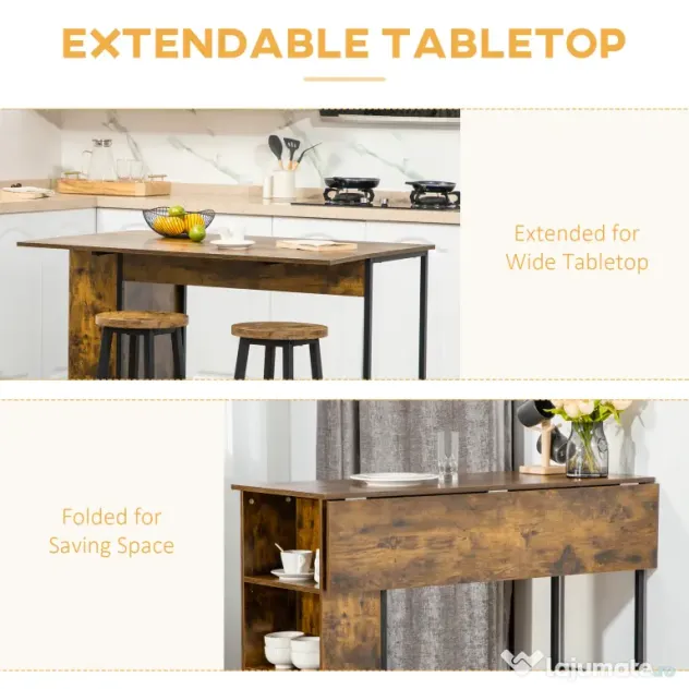 Masa de bar pliabila HOMCOM in stil industrial cu 3 rafturi, din lemn si otel 120x76x91.4cm | Aosom Romania