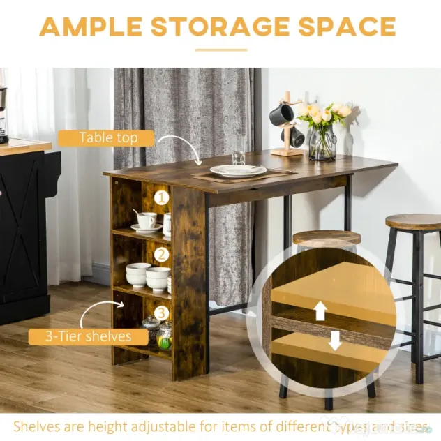 Masa de bar pliabila HOMCOM in stil industrial cu 3 rafturi, din lemn si otel 120x76x91.4cm | Aosom Romania