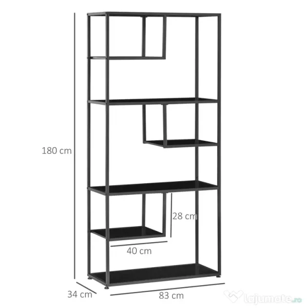 Biblioteca cu 7 nivele din PAL si otel pentru sufragerie, dormitor si birou, 83x34x180 cm, negru HOMCOM | Aosom Romania