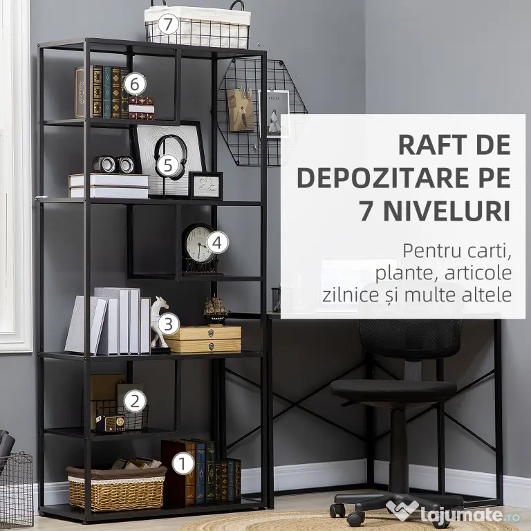 Biblioteca cu 7 nivele din PAL si otel pentru sufragerie, dormitor si birou, 83x34x180 cm, negru HOMCOM | Aosom Romania