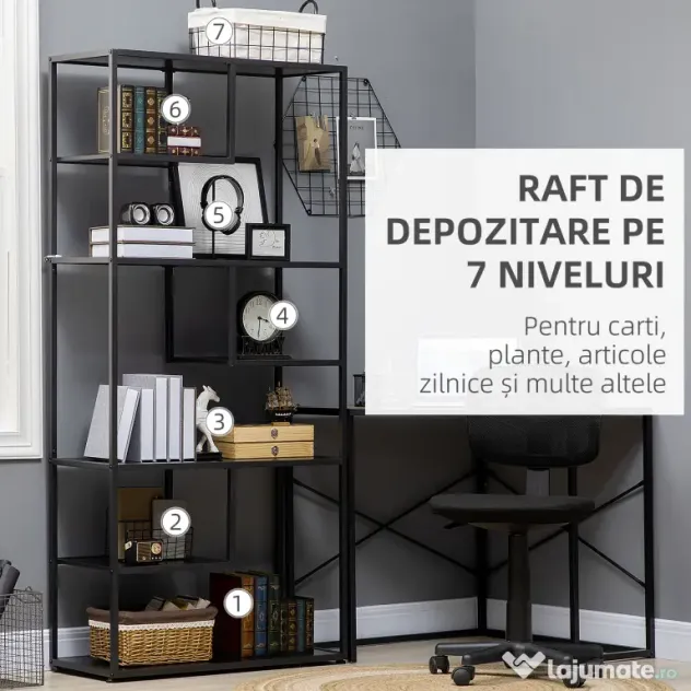 Biblioteca cu 7 nivele din PAL si otel pentru sufragerie, dormitor si birou, 83x34x180 cm, negru HOMCOM | Aosom Romania