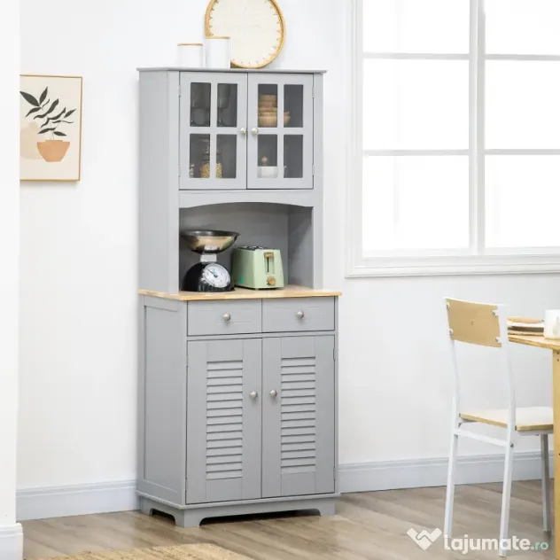 HOMCOM Bufet pentru bucatarie, Mobilier din lemn, dulap de bucatarie in stil clasic, Gri, 68x39.5x170cm | Aosom Romania