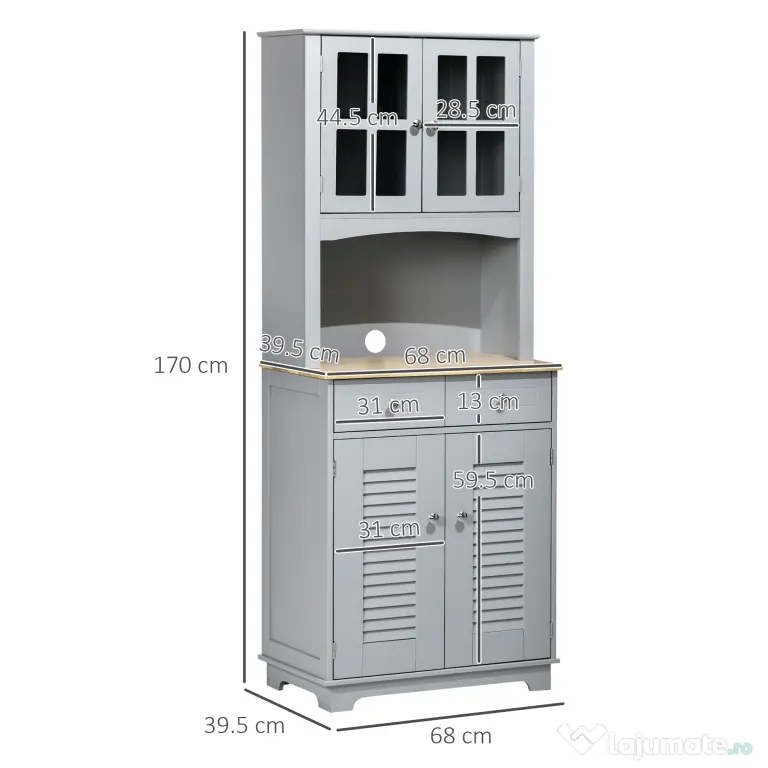 HOMCOM Bufet pentru bucatarie, Mobilier din lemn, dulap de bucatarie in stil clasic, Gri, 68x39.5x170cm | Aosom Romania