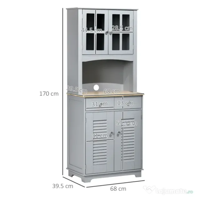 HOMCOM Bufet pentru bucatarie, Mobilier din lemn, dulap de bucatarie in stil clasic, Gri, 68x39.5x170cm | Aosom Romania