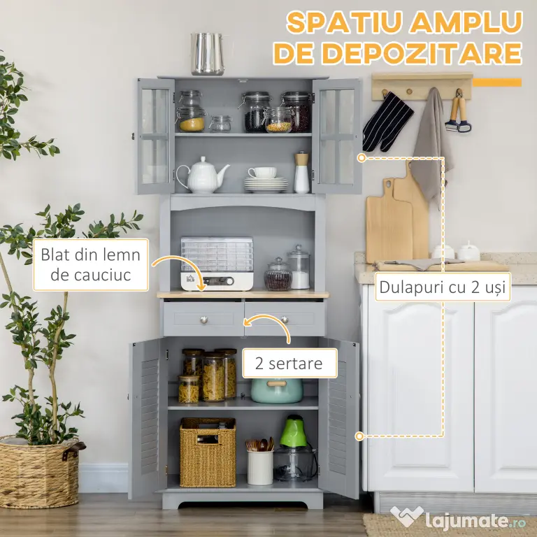 HOMCOM Bufet pentru bucatarie, Mobilier din lemn, dulap de bucatarie in stil clasic, Gri, 68x39.5x170cm | Aosom Romania