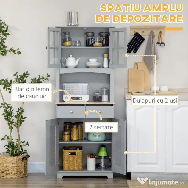 HOMCOM Bufet pentru bucatarie, Mobilier din lemn, dulap de bucatarie in stil clasic, Gri, 68x39.5x170cm | Aosom Romania