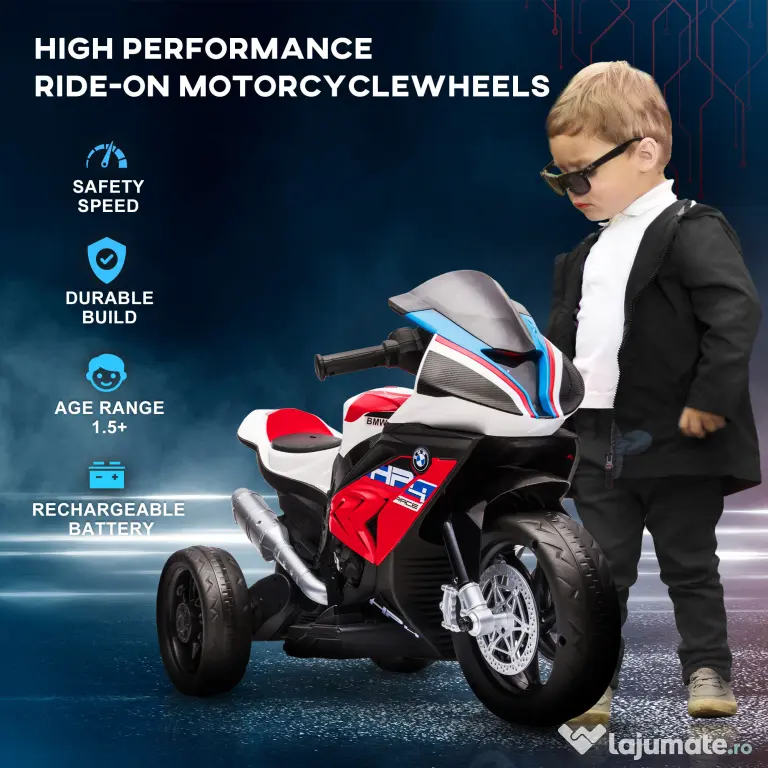 HOMCOM Motocicletă Electrică BMW HP4 Licențiată, 3 Roți, 6V, Vehicul de Rulare pentru Copii | Aosom Romania