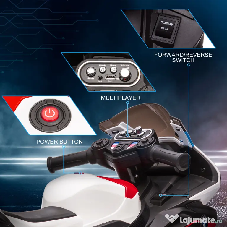 HOMCOM Motocicletă Electrică BMW HP4 Licențiată, 3 Roți, 6V, Vehicul de Rulare pentru Copii | Aosom Romania