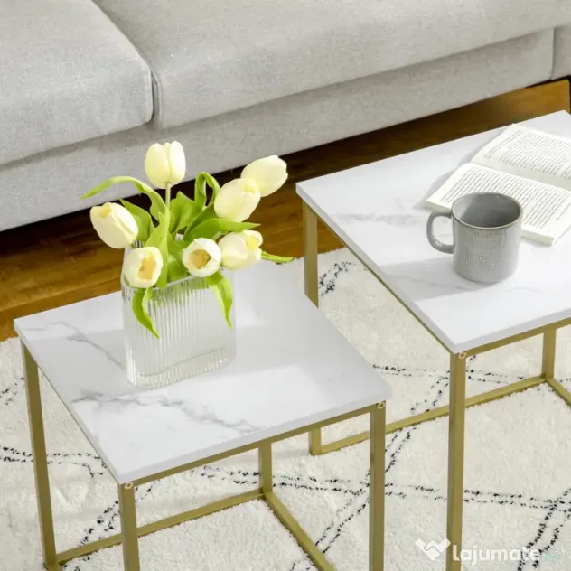 HOMCOM Set de 2 mese patrate, set de mese de cafea stivuite cu cadru din otel, masa de cafea | AOSOM RO