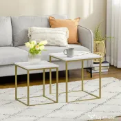 HOMCOM Set de 2 mese patrate, set de mese de cafea stivuite cu cadru din otel, masa de cafea moderna pentru camera de zi, camera de pat, alb 