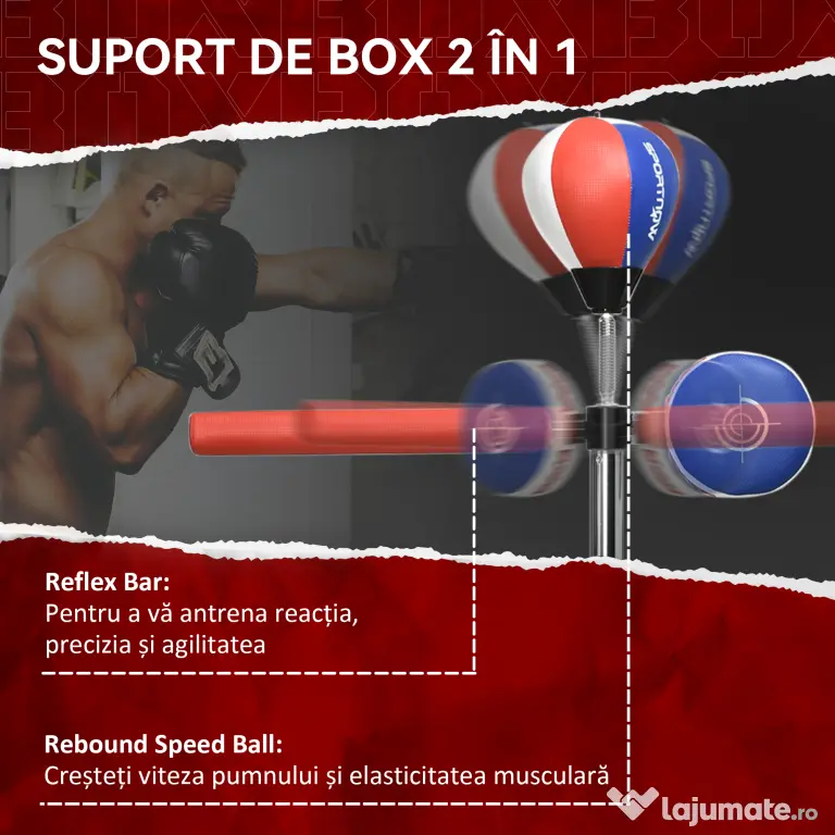 SPORTNOW Sac de box de podea cu bară rotativă, speedball, din oțel, HDPE și PU, 80.5x48x163-205 cm | Aosom Romania