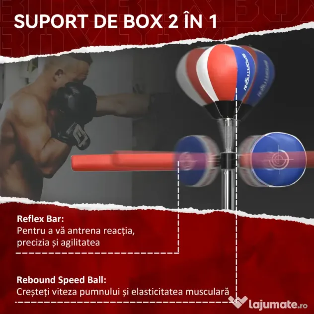 SPORTNOW Sac de box de podea cu bară rotativă, speedball, din oțel, HDPE și PU, 80.5x48x163-205 cm | Aosom Romania