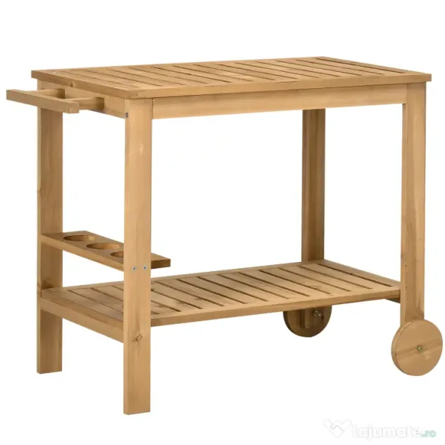 Outsunny Cărucior de Servire pentru Grădină din Lemn de Brad, Cărucior cu Rafturi și Suport pentru Sticle, 95x47x74 cm, Natural