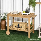 Outsunny Cărucior de Servire pentru Grădină din Lemn de Brad, Cărucior cu Rafturi și Suport pentru Sticle, 95x47x74 cm, Natural