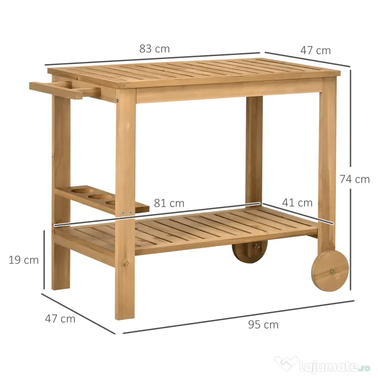 Outsunny Cărucior de Servire pentru Grădină din Lemn de Brad, Cărucior cu Rafturi și Suport pentru Sticle, 95x47x74 cm, Natural