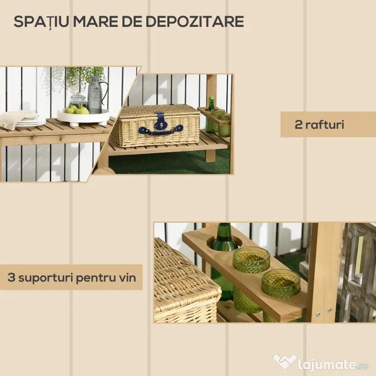 Outsunny Cărucior de Servire pentru Grădină din Lemn de Brad, Cărucior cu Rafturi și Suport pentru Sticle, 95x47x74 cm, Natural
