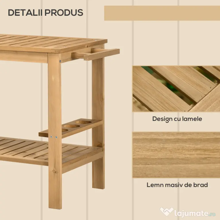 Outsunny Cărucior de Servire pentru Grădină din Lemn de Brad, Cărucior cu Rafturi și Suport pentru Sticle, 95x47x74 cm, Natural