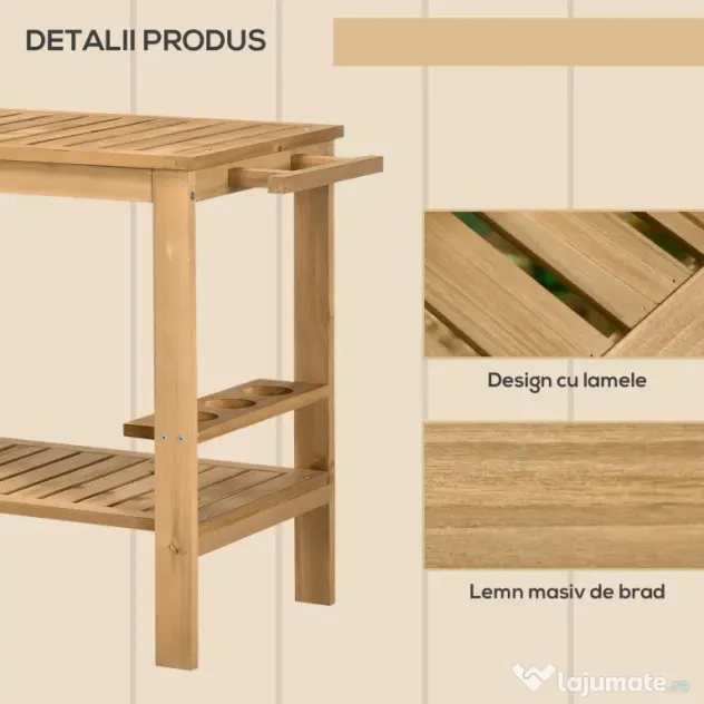 Outsunny Cărucior de Servire pentru Grădină din Lemn de Brad, Cărucior cu Rafturi și Suport pentru Sticle, 95x47x74 cm, Natural