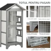 PawHut Cusca pentru pasari in aer liber din lemn de brad, 2 deschideri cu blocare 4 stinghii si tava detasabila, gri deschis, 80,5x57x153cm 
