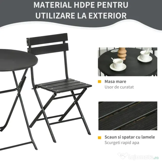 Outsunny Set Mobilier de Grădină 3 Piese pentru Terasă, Oțel și HDPE, Design Modern, Gri Închis | Aosom Romania