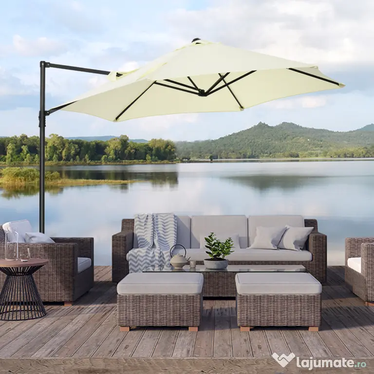 Outsunny Umbrelă de Grădină cu Rotație la 360°, Braț cu Bază în Cruce și Orificiu de Ventilație, Ø256x245 cm, Bej | Aosom Romania